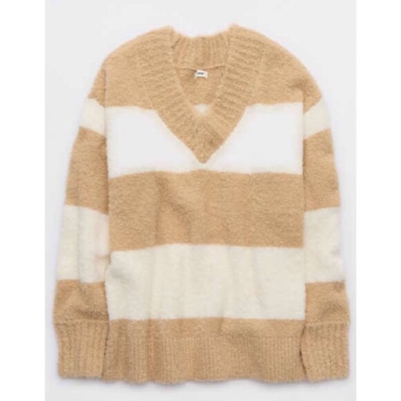 NEW Aerie Teddy Plush Oversized Boucle Wool-Blend Striped Neutral Sweater Cozy - Picture 1 of 10